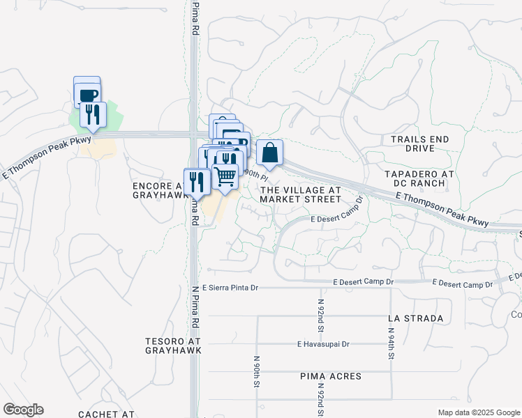 map of restaurants, bars, coffee shops, grocery stores, and more near Village at Market Street Condominium in Scottsdale