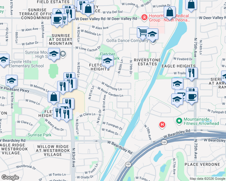 map of restaurants, bars, coffee shops, grocery stores, and more near 8020 West Harmony Lane in Peoria