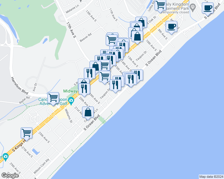 map of restaurants, bars, coffee shops, grocery stores, and more near 1600 South Ocean Boulevard in Myrtle Beach