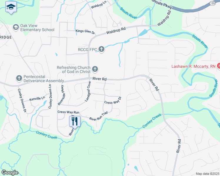 map of restaurants, bars, coffee shops, grocery stores, and more near 3268 River Mist Cove in Decatur