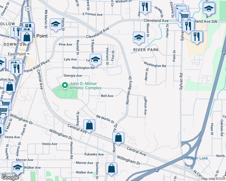 map of restaurants, bars, coffee shops, grocery stores, and more near 1223 Calhoun Avenue in East Point
