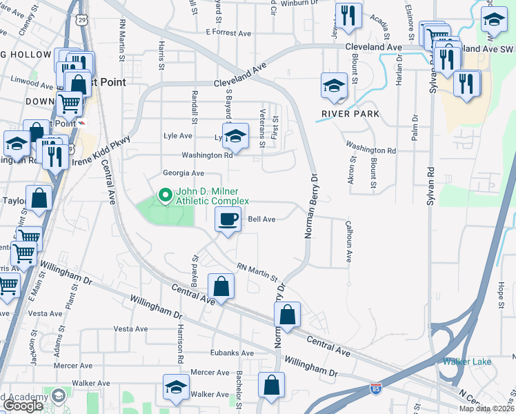 map of restaurants, bars, coffee shops, grocery stores, and more near 1244 Calhoun Avenue in East Point