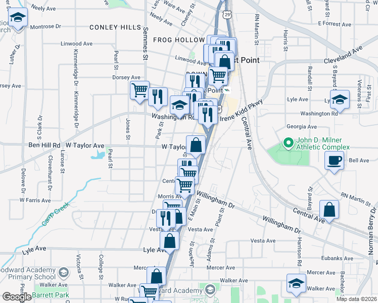 map of restaurants, bars, coffee shops, grocery stores, and more near 2995 East Point Street in Atlanta