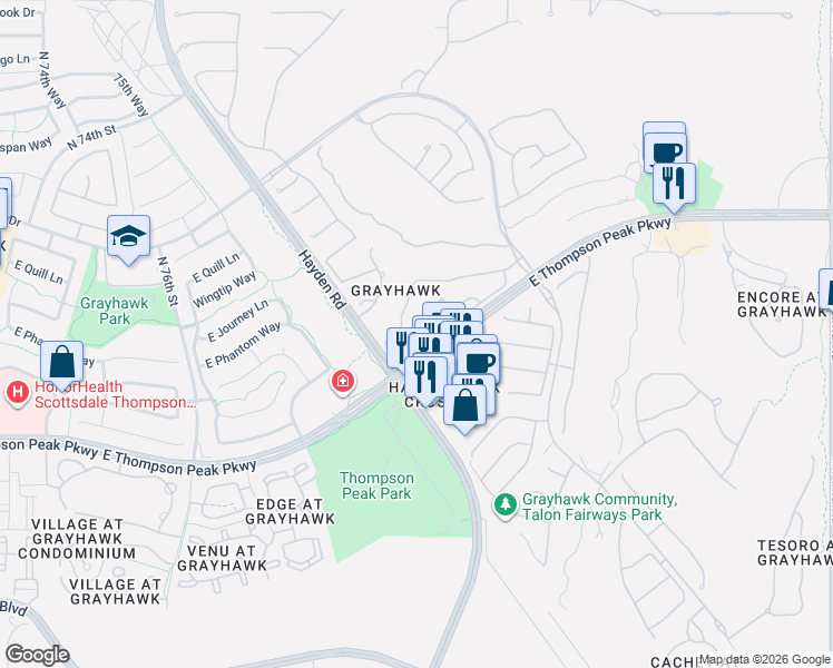 map of restaurants, bars, coffee shops, grocery stores, and more near East Thompson Peak Parkway in Scottsdale