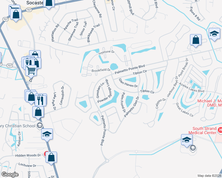 map of restaurants, bars, coffee shops, grocery stores, and more near 193 Tibton Circle in Myrtle Beach