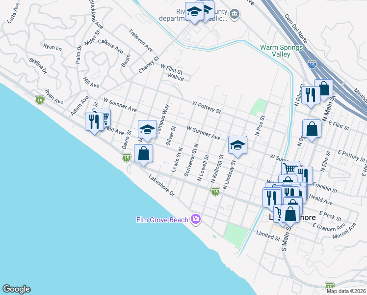 map of restaurants, bars, coffee shops, grocery stores, and more near 2 Lewis Street South in Lake Elsinore