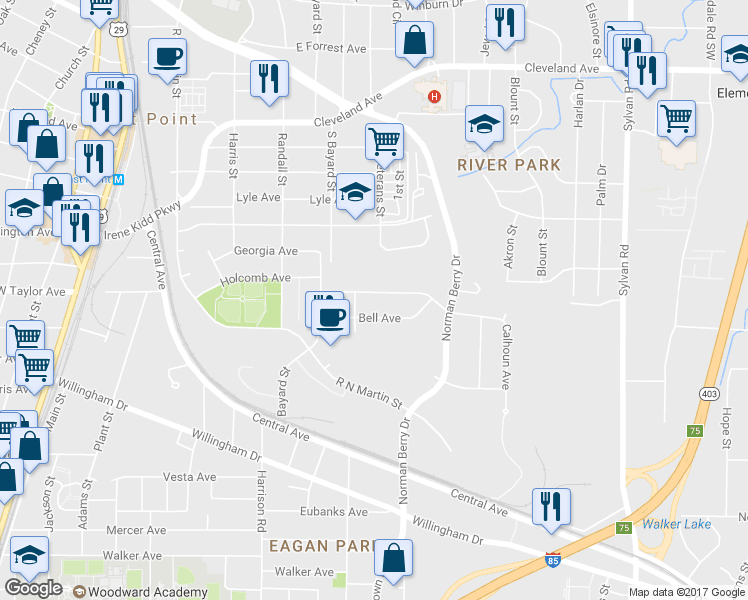 map of restaurants, bars, coffee shops, grocery stores, and more near 1244 Calhoun Avenue in East Point