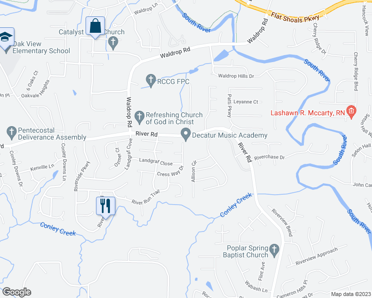 map of restaurants, bars, coffee shops, grocery stores, and more near 3716 Cress Way Drive in Decatur