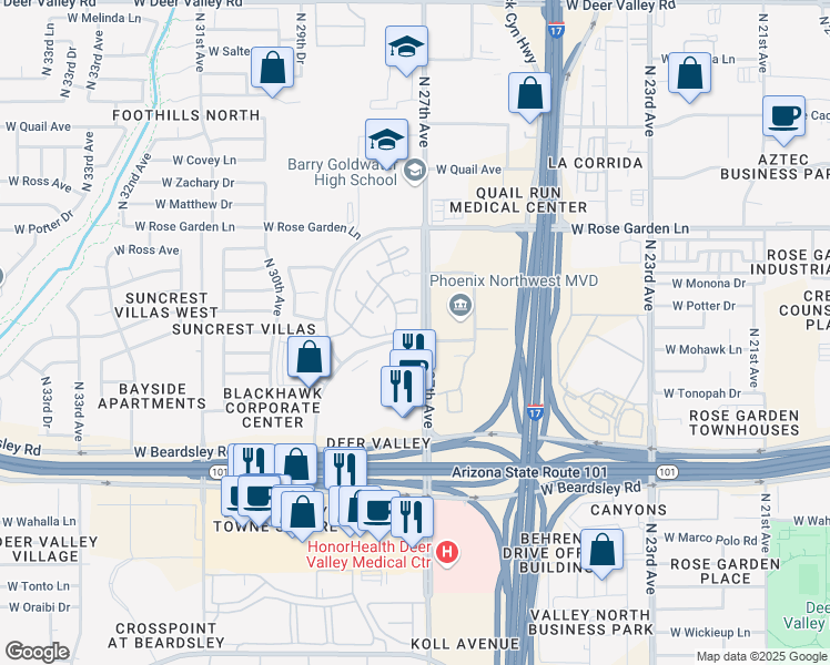map of restaurants, bars, coffee shops, grocery stores, and more near 20440 North 27th Avenue in Phoenix