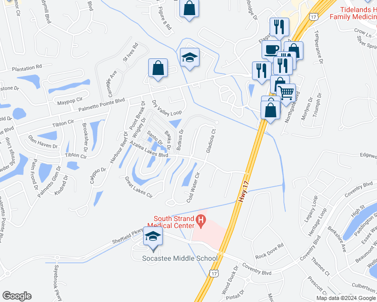 map of restaurants, bars, coffee shops, grocery stores, and more near 3965 Forsythia Court in Myrtle Beach