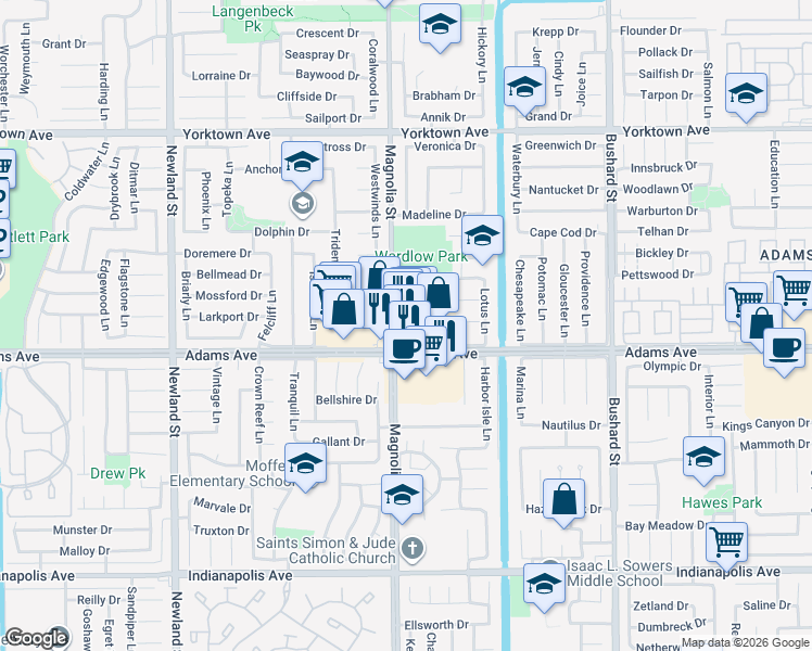 map of restaurants, bars, coffee shops, grocery stores, and more near 9003 Adams Avenue in Huntington Beach
