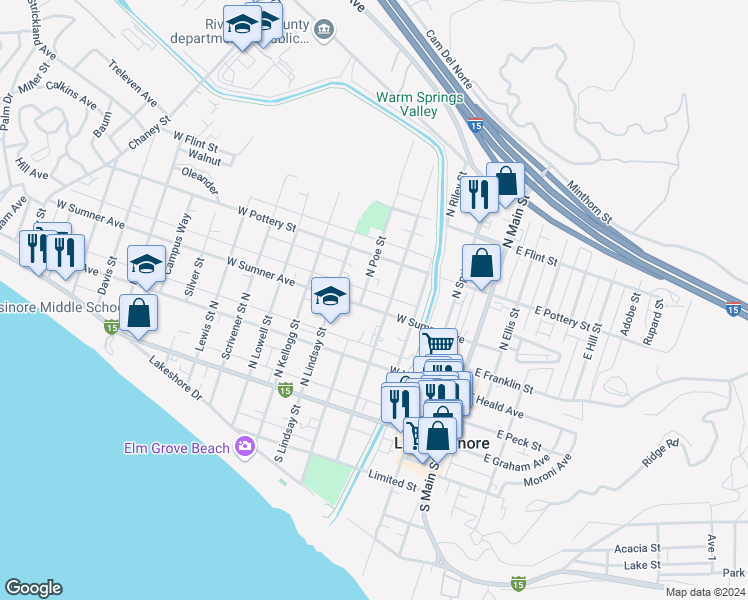 map of restaurants, bars, coffee shops, grocery stores, and more near 407 West Sumner Avenue in Lake Elsinore