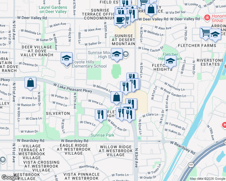 map of restaurants, bars, coffee shops, grocery stores, and more near 20953 North 84th Lane in Peoria