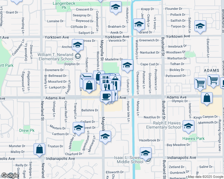 map of restaurants, bars, coffee shops, grocery stores, and more near 2 Adams Avenue in Costa Mesa