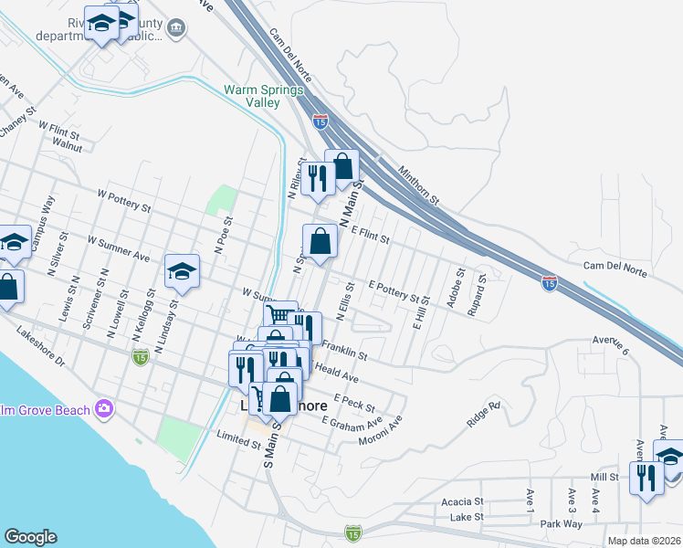 map of restaurants, bars, coffee shops, grocery stores, and more near Pottery Street in Lake Elsinore