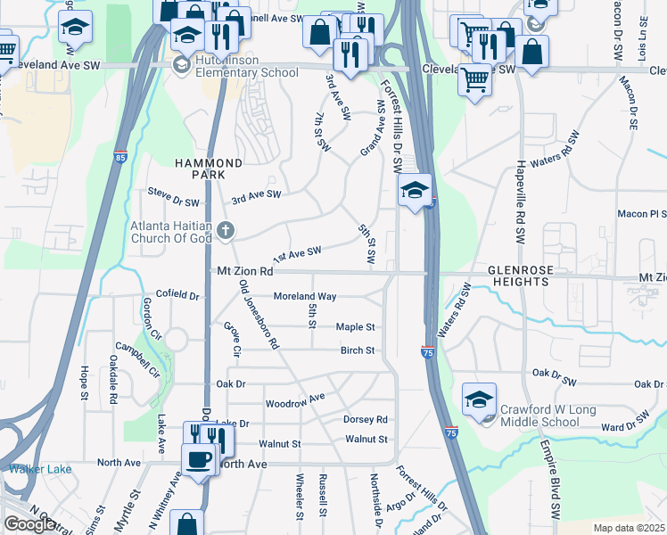 map of restaurants, bars, coffee shops, grocery stores, and more near 391 Mount Zion Road in Atlanta
