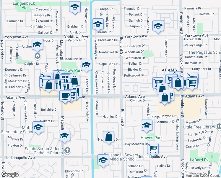 map of restaurants, bars, coffee shops, grocery stores, and more near 19922 Gloucester Lane in Huntington Beach