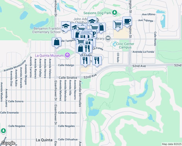 map of restaurants, bars, coffee shops, grocery stores, and more near 51620 Desert Club Drive in La Quinta