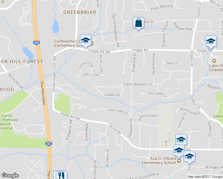 map of restaurants, bars, coffee shops, grocery stores, and more near 3068 Cherry Blossom Lane in East Point