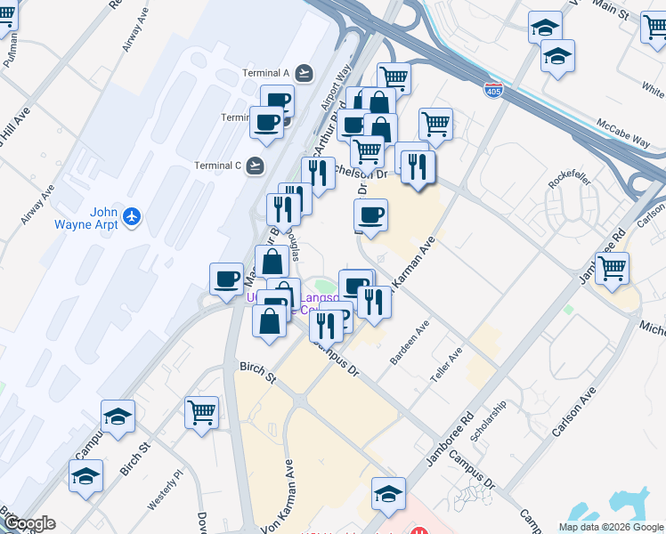 map of restaurants, bars, coffee shops, grocery stores, and more near 2233 Martin in Irvine