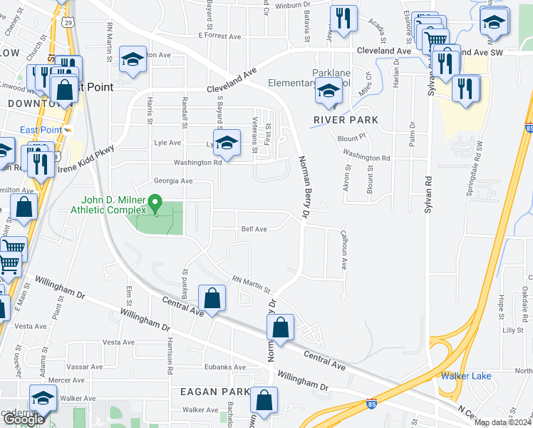 map of restaurants, bars, coffee shops, grocery stores, and more near 1223 Calhoun Avenue in East Point