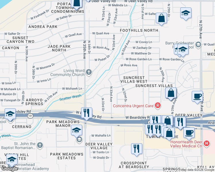 map of restaurants, bars, coffee shops, grocery stores, and more near 20610 North 33rd Avenue in Phoenix