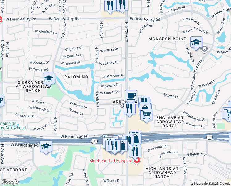 map of restaurants, bars, coffee shops, grocery stores, and more near 6772 West Sonnet Drive in Glendale