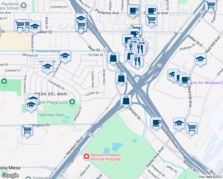 map of restaurants, bars, coffee shops, grocery stores, and more near 2755 Bristol Street in Costa Mesa