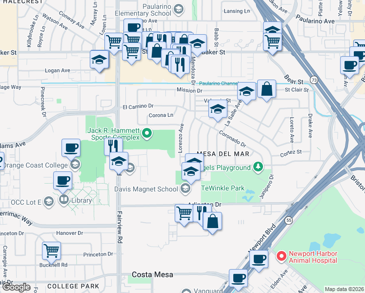 map of restaurants, bars, coffee shops, grocery stores, and more near 2756 Mendoza Drive in Costa Mesa