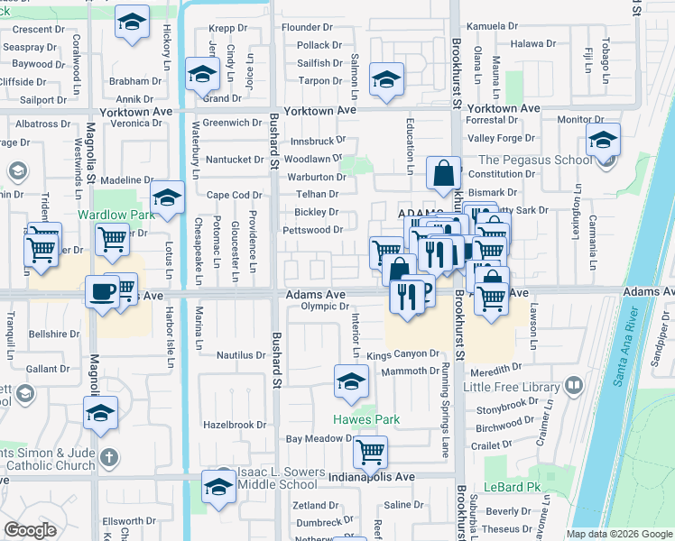 map of restaurants, bars, coffee shops, grocery stores, and more near 19901 Derbyshire Lane in Huntington Beach