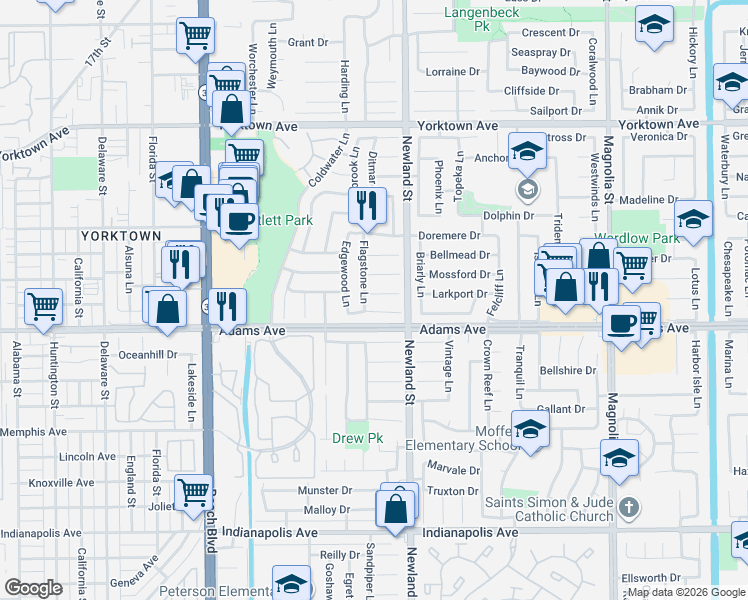 map of restaurants, bars, coffee shops, grocery stores, and more near 8441 Velvet Circle in Huntington Beach