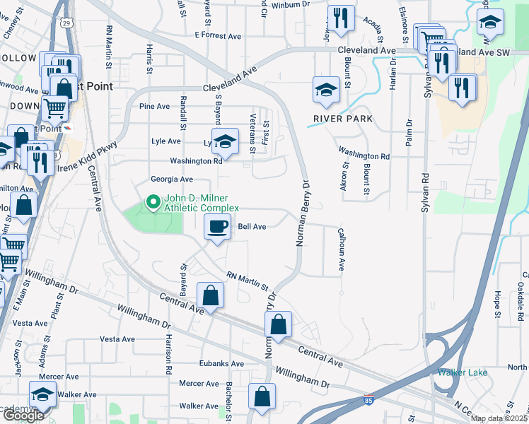 map of restaurants, bars, coffee shops, grocery stores, and more near 1223 Calhoun Avenue in East Point