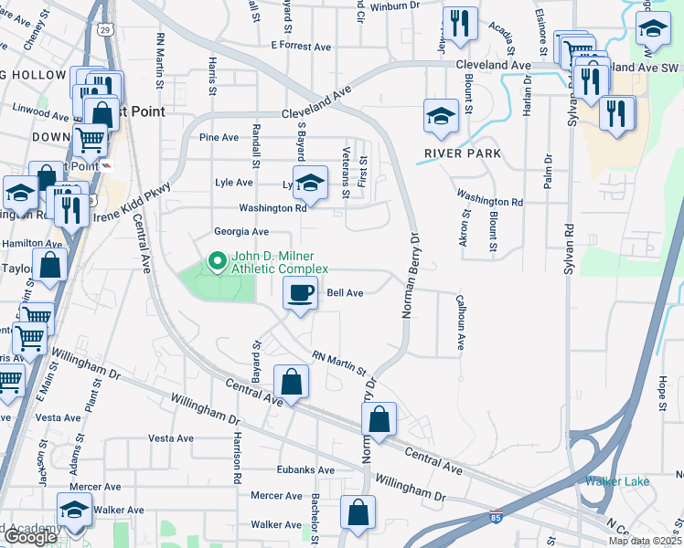 map of restaurants, bars, coffee shops, grocery stores, and more near 1223 Calhoun Avenue in East Point