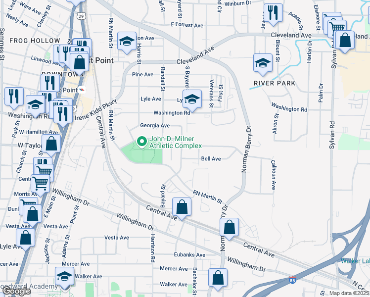 map of restaurants, bars, coffee shops, grocery stores, and more near in East Point