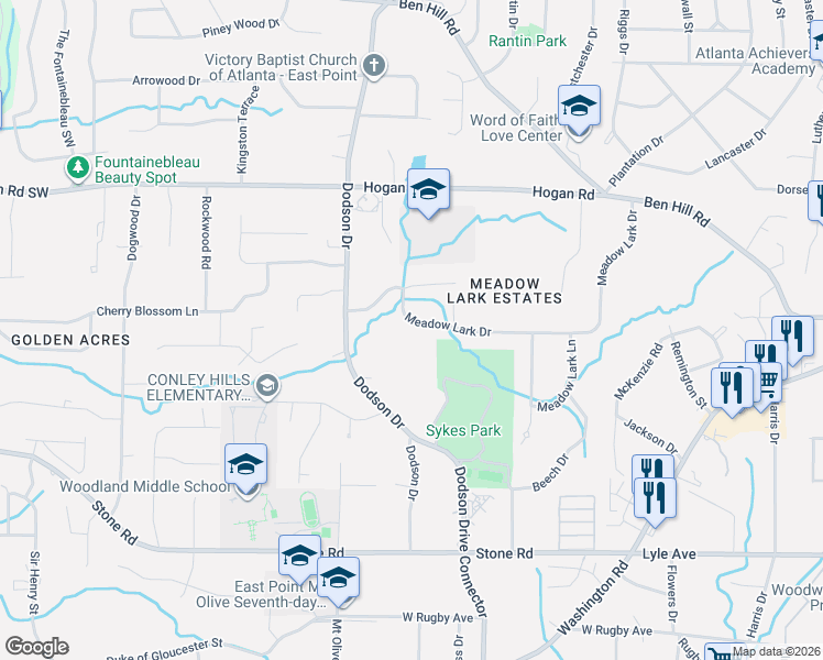 map of restaurants, bars, coffee shops, grocery stores, and more near 2609 Meadow Lark Drive in East Point