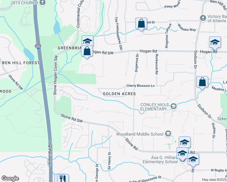 map of restaurants, bars, coffee shops, grocery stores, and more near 3068 Cherry Blossom Lane in East Point