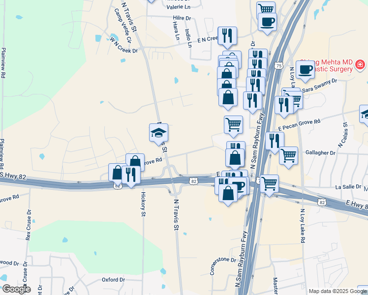 map of restaurants, bars, coffee shops, grocery stores, and more near 185 East Pecan Grove Road in Sherman