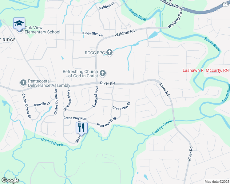 map of restaurants, bars, coffee shops, grocery stores, and more near 3260 River Mist Cove in Decatur