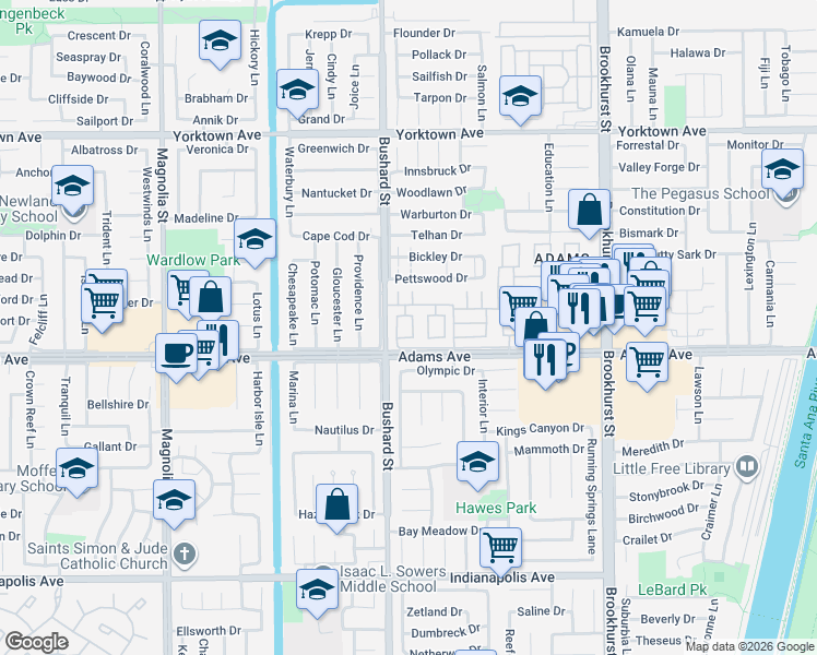 map of restaurants, bars, coffee shops, grocery stores, and more near 203 Raleigh Drive in Huntington Beach