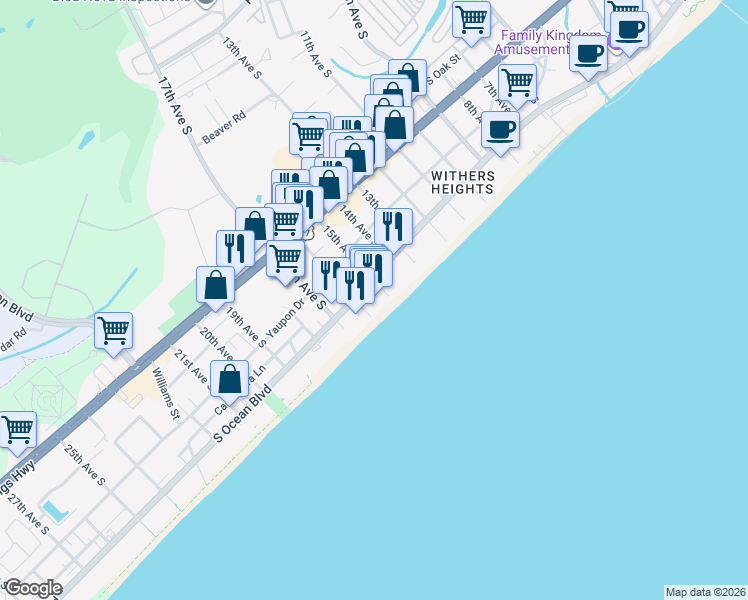 map of restaurants, bars, coffee shops, grocery stores, and more near 1600 South Ocean Boulevard in Myrtle Beach