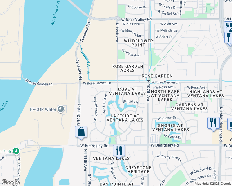 map of restaurants, bars, coffee shops, grocery stores, and more near 20826 North 109th Avenue in Sun City
