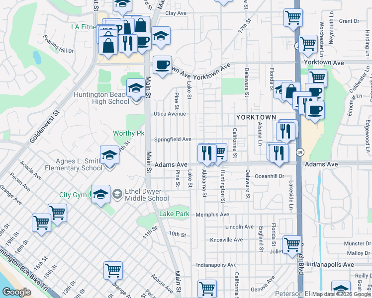 map of restaurants, bars, coffee shops, grocery stores, and more near 1738 Pine Street in Huntington Beach