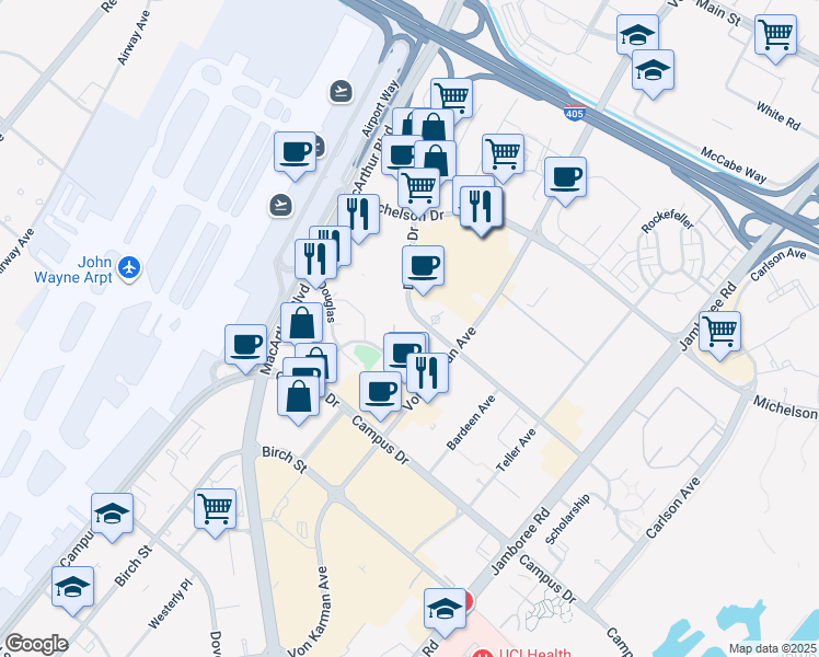 map of restaurants, bars, coffee shops, grocery stores, and more near 2253 Martin in Irvine