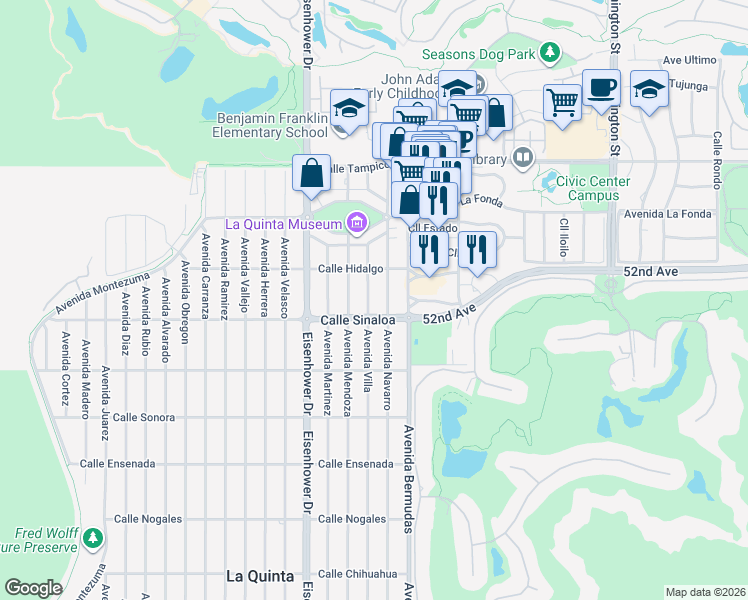 map of restaurants, bars, coffee shops, grocery stores, and more near 51607 Avenue Villa in La Quinta
