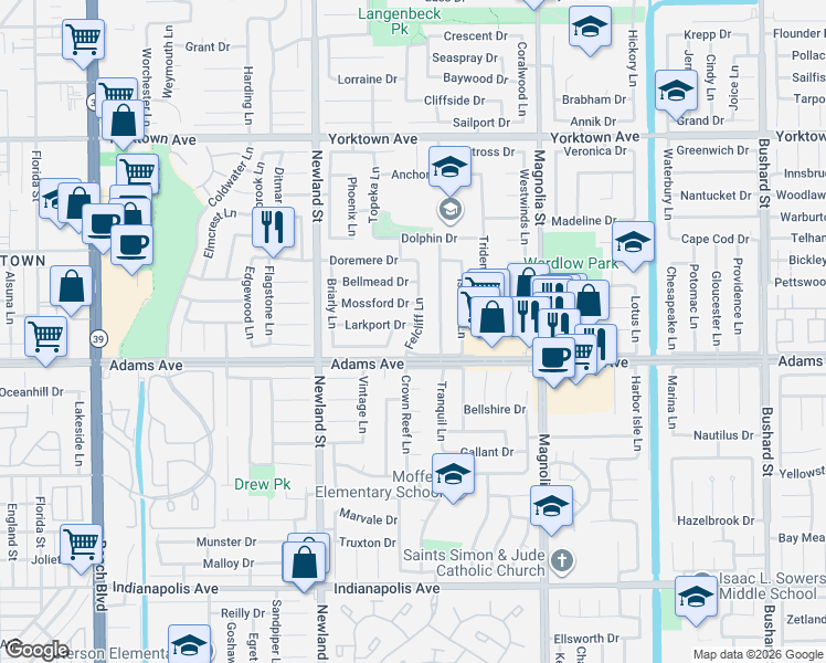 map of restaurants, bars, coffee shops, grocery stores, and more near 8722 Larkport Drive in Huntington Beach