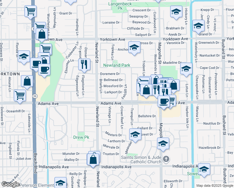 map of restaurants, bars, coffee shops, grocery stores, and more near 19931 Leecrest Lane in Huntington Beach
