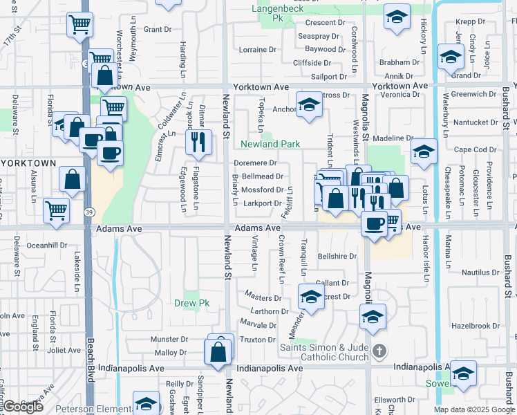 map of restaurants, bars, coffee shops, grocery stores, and more near 8622 Larkport Drive in Huntington Beach