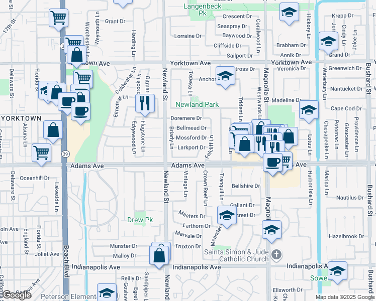 map of restaurants, bars, coffee shops, grocery stores, and more near 8622 Larkport Drive in Huntington Beach