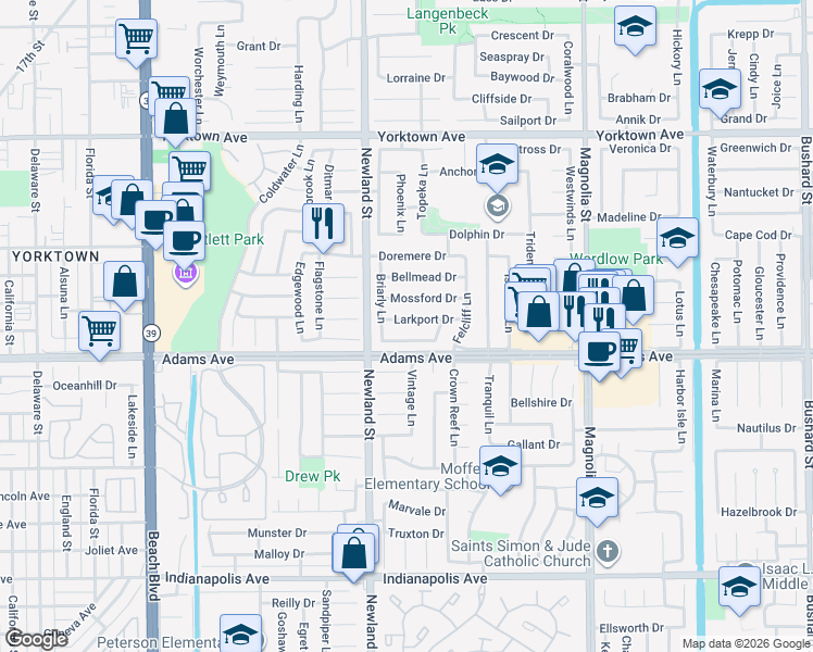 map of restaurants, bars, coffee shops, grocery stores, and more near 8592 Larkport Drive in Huntington Beach