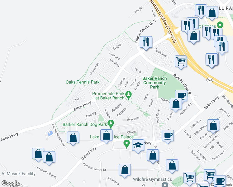 map of restaurants, bars, coffee shops, grocery stores, and more near 62 Fuchsia in Lake Forest